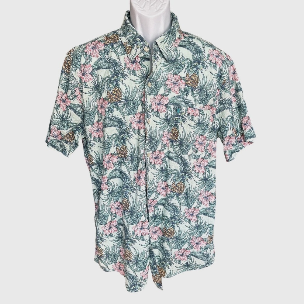 Izod Saltwater Green & Pink Tropical Pineapple Button Up Shirt, XL, Beach Resort